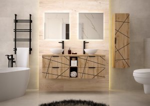 MEGSTYL Szafka łazienkowa WOOD z regałem i blatem 140 cm szuflady DĄB WOTAN + BIAŁY 13