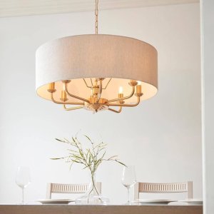 Lampa wisząca ENDON Okrągła lampa wisząca Highclere 110727 materiałowa mosiądz beżowy 6