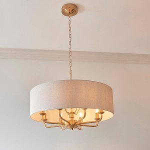 Lampa wisząca ENDON Okrągła lampa wisząca Highclere 110727 materiałowa mosiądz beżowy 8