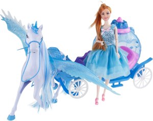 NoboKids TG77482 KARETA DLA LALKI Z PEHAZEM JEDNOROŻCEM I LALKĄ KAROCA LODOWA KRAINA 2