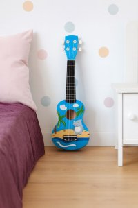 Multistore Gitara ukulele dla dzieci drewniana 4 struny nylonowe kostka do gry ECOTOYS EDUKAMP 5