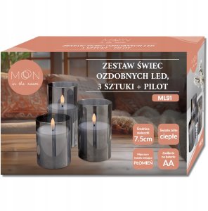 Ozdobne świece świeczki LED szkło dymione, zestaw 3 sztuki+ pilot 5