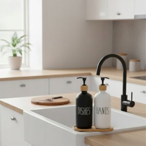 Dozownik do mydła Home Styling Collection Dozownik na płyn do naczyń i mydło na bambusowej tacce EASY, 2 x 500 ml 2