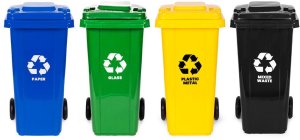 Kosz na śmieci Multistore Zestaw 4 koszy na śmieci pojemniki 4x120L niebieski zielony żółty czarny makulatura szkło plastik odpady zmieszane gumowe koła EDUKAMP 2