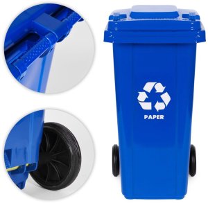 Kosz na śmieci Multistore Zestaw 4 koszy na śmieci pojemniki 4x120L niebieski zielony żółty czarny makulatura szkło plastik odpady zmieszane gumowe koła EDUKAMP 8