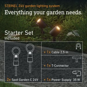 Steinel Zestaw 2x oprawa ogrodowa wbijana SPOT GARDEN 24V LED nightmatic 7,84W 363lm 1800-4000K RGBWW IP65 IK03 antracyt / aluminium plus zasilacz 35W plus przewód plus trójnik 3
