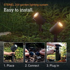 Steinel Zestaw 2x oprawa ogrodowa wbijana SPOT GARDEN 24V LED nightmatic 7,84W 363lm 1800-4000K RGBWW IP65 IK03 antracyt / aluminium plus zasilacz 35W plus przewód plus trójnik 4