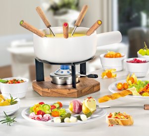Hurtel Zestaw do fondue Spring Winterthur, dla 6 os., 8 el., ceramika/metal/drewno dębowe, 1,8 l, śred. 20 cm, biały 2