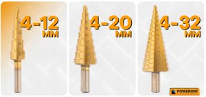 Wiertło Powermat Wiertła stopniowe frezujące 4-32MM do metalu HSS drewna plastiku 3-8MM 6 EL 3