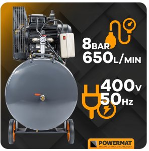 Sprężarka Powermat Kompresor Olejowy 200L 8 bar Sprężarka 400V 650l/min + wąż 6