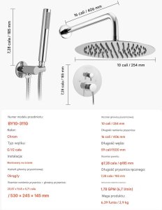Zestaw prysznicowy YokaHome Zestaw prysznicowy deszczowy 25,4 cm okrągły z baterią ścienny chrom 2