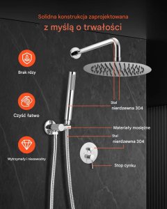 Zestaw prysznicowy YokaHome Zestaw prysznicowy deszczowy 25,4 cm okrągły z baterią ścienny chrom 3