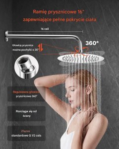 Zestaw prysznicowy YokaHome Zestaw prysznicowy deszczowy 25,4 cm okrągły z baterią ścienny chrom 6
