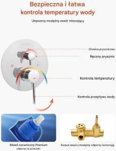 Zestaw prysznicowy YokaHome Zestaw prysznicowy deszczowy 25,4 cm okrągły z baterią ścienny chrom 7