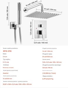 Zestaw prysznicowy YokaHome Zestaw prysznicowy deszczowy 25,4 cm  kwadratowy z baterią ścienny chrom 2