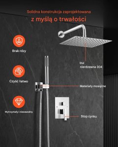 Zestaw prysznicowy YokaHome Zestaw prysznicowy deszczowy 25,4 cm  kwadratowy z baterią ścienny chrom 3