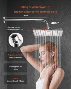 Zestaw prysznicowy YokaHome Zestaw prysznicowy deszczowy 25,4 cm  kwadratowy z baterią ścienny chrom 6