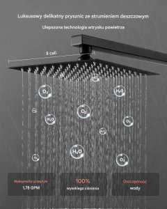 Zestaw prysznicowy Oceanic Zestaw prysznicowy deszczowy 20 cm kwadratowy z baterią ścienny czarny mat 4