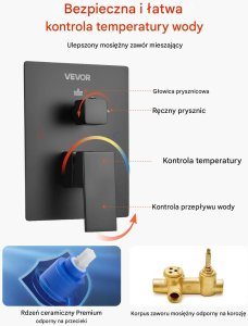 Zestaw prysznicowy Oceanic Zestaw prysznicowy deszczowy 20 cm kwadratowy z baterią ścienny czarny mat 7