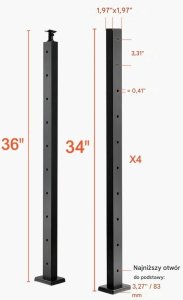 Cavatorta Słupki balustrady linowej 91 cm stal nierdzewna, otwory montażowe, czarne 2