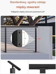 Cavatorta Słupki balustrady linowej 91 cm stal nierdzewna, otwory montażowe, czarne 5