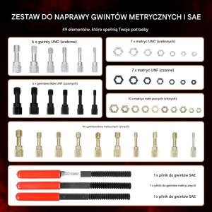 TurboWorks Zestaw do naprawy gwintów 49 elementów UNC UNF metryczne stal hartowana DIY 4