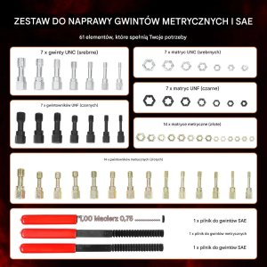 TurboWorks Zestaw do naprawy gwintów 61 elementów UNC UNF metryczne do warsztatu 4