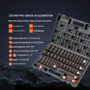 Klucz udarowy Satra Zestaw nasadek udarowych 3/8" 48 el. SAE/metric 6-kąt z adapterami 4