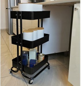 Kontrasto Regał mobilny metalowy 3 półki na kółkach czarny wózek 74 cm 14