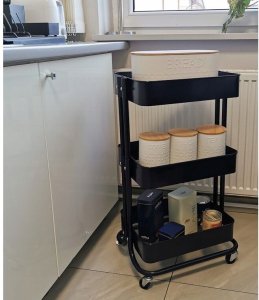 Kontrasto Regał mobilny metalowy 3 półki na kółkach czarny wózek 74 cm 17