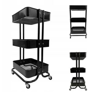 Kontrasto Regał mobilny metalowy 3 półki na kółkach czarny wózek 74 cm 4