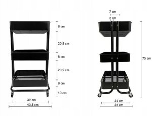 Kontrasto Regał mobilny metalowy 3 półki na kółkach czarny wózek 74 cm 5