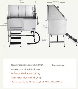 Vevor Wanna do kąpieli psa groomerski 127cm schody filtr wody stal nierdzewna 8