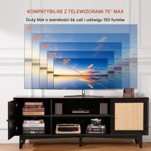 Vasagle Szafka RTV rattanowa pod telewizor z gniazdkiem boho czarna nowoczesna 3