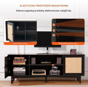 Vasagle Szafka RTV rattanowa pod telewizor z gniazdkiem boho czarna nowoczesna 5