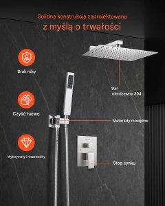 Zestaw prysznicowy momali Zestaw prysznicowy deszczowy 25,4 cm kwadratowy z baterią ścienny nikiel 4