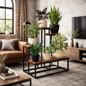 ModernHome KWIETNIK STOJĄCY PODŁOGOWY METAL STOJAK NA KWIATY DONICZKI LOFT 4 PÓŁKI 3