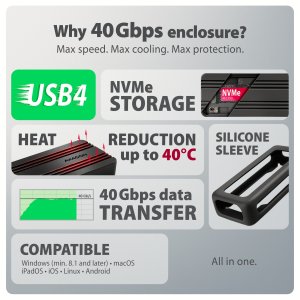 Axagon AXAGON EEM2-40G, zewnętrzna obudowa USB-C 40 Gbps do dysków M.2 NVMe SSD, wzmocnione aluminium 3