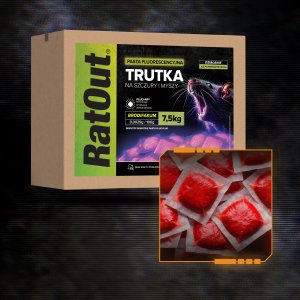 RatOut Trutka Trucizna Środek Gryzoniobójczy na Szczury Myszy Gryzonie Fluorescencyjna Pasta Czerwona Brodifakum Święcąca UV 7,5kg 3