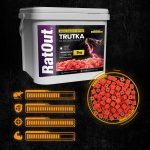 RatOut Trutka Trucizna Środek Gryzoniobójczy na Szczury Myszy Gryzonie Fluorescencyjna Kostka Czerwona Brodifakum Święcąca UV 3kg 3
