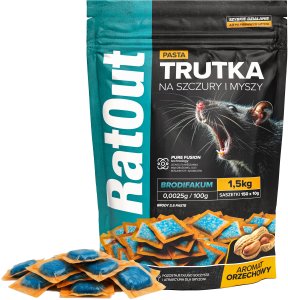 RatOut Trutka Trucizna Środek Gryzoniobójczy na Szczury Myszy Gryzonie Pasta Orzechowa Niebieska Brodifakum 1,5kg 2