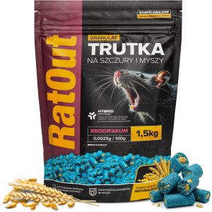 RatOut Trutka Trucizna Środek Gryzoniobójczy na Szczury Myszy Gryzonie Granulat Pellet Niebieski Brodifakum 1,5kg 2