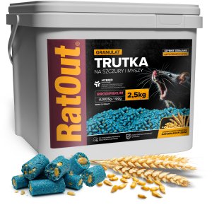 RatOut Trutka Trucizna Środek Gryzoniobójczy na Szczury Myszy Gryzonie Granulat Pellet Niebieski Brodifakum 2,5kg 2