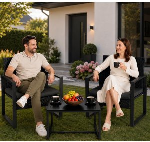 LeanToys Zestaw Meble Ogrodowe Rattan Dwa Krzesła Stolik Na Taras Balkon Czarne 6