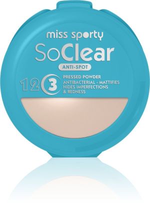 Miss Sporty So Clear Anti-Spot 3 Pressed Powder Antibacterial prasowany puder matujący 001 Transparent 9.4g 1