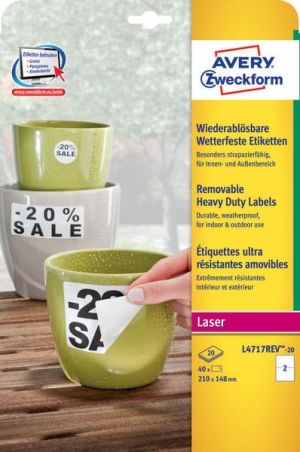 Avery Zweckform Etykiety poliestrowe Avery Zweckform usuwalne L4717REV-20 białe 210x148mm (L4717-20) 2