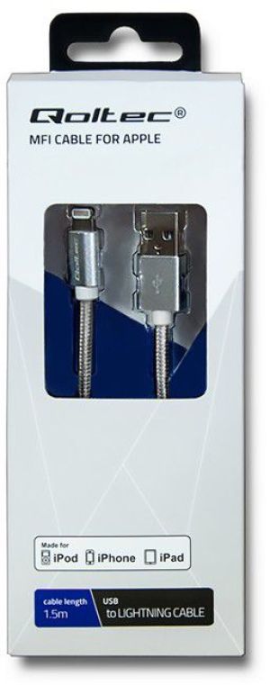 Kabel USB Qoltec USB A -> Lightning, (M/M), Srebrny, 1.5m (50424) 1