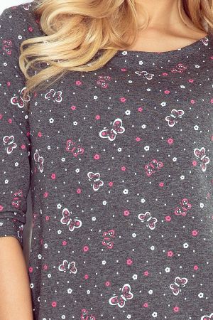 numoco Sukienka z kieszeniami Jola 40-12 grafitowa w różowe motylki r. XL 3