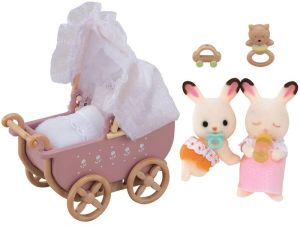 Figurka Epoch Sylvanian Families - Zestaw z bliźniakami królików z czekoladowymi uszkami + wózek dziecięcy (5018) 1