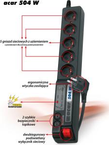 Listwa zasilająca Acar 504W przeciwprzepięciowa 5 gniazd 3 m czarna (W0070) 2